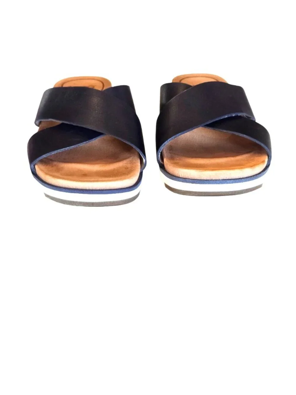 UGG Women's Leather Navy Cross-Strap Slide Sandals With White Sole Size 6